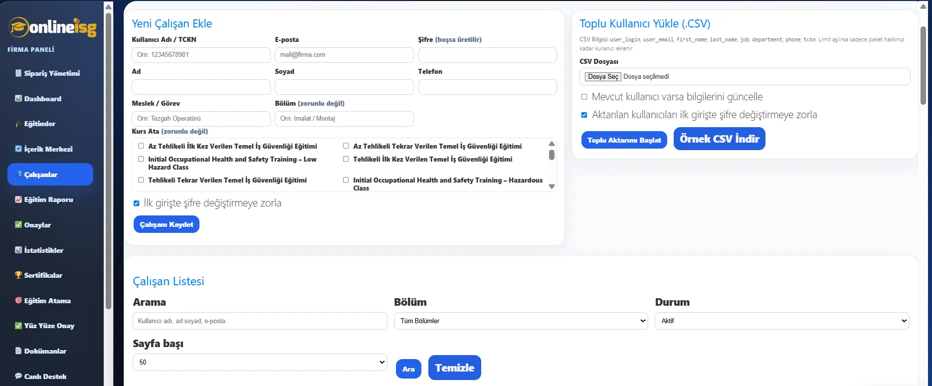 NİG LMS çalışan ekleme ve toplu kullanıcı aktarımı ekranı